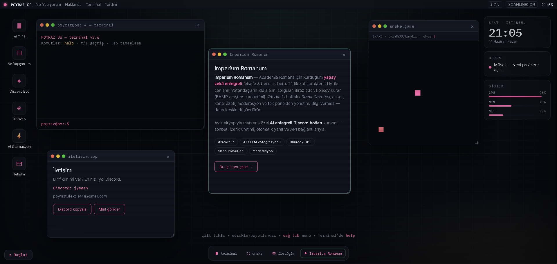 Poyraz OS — interactive canvas desktop UI